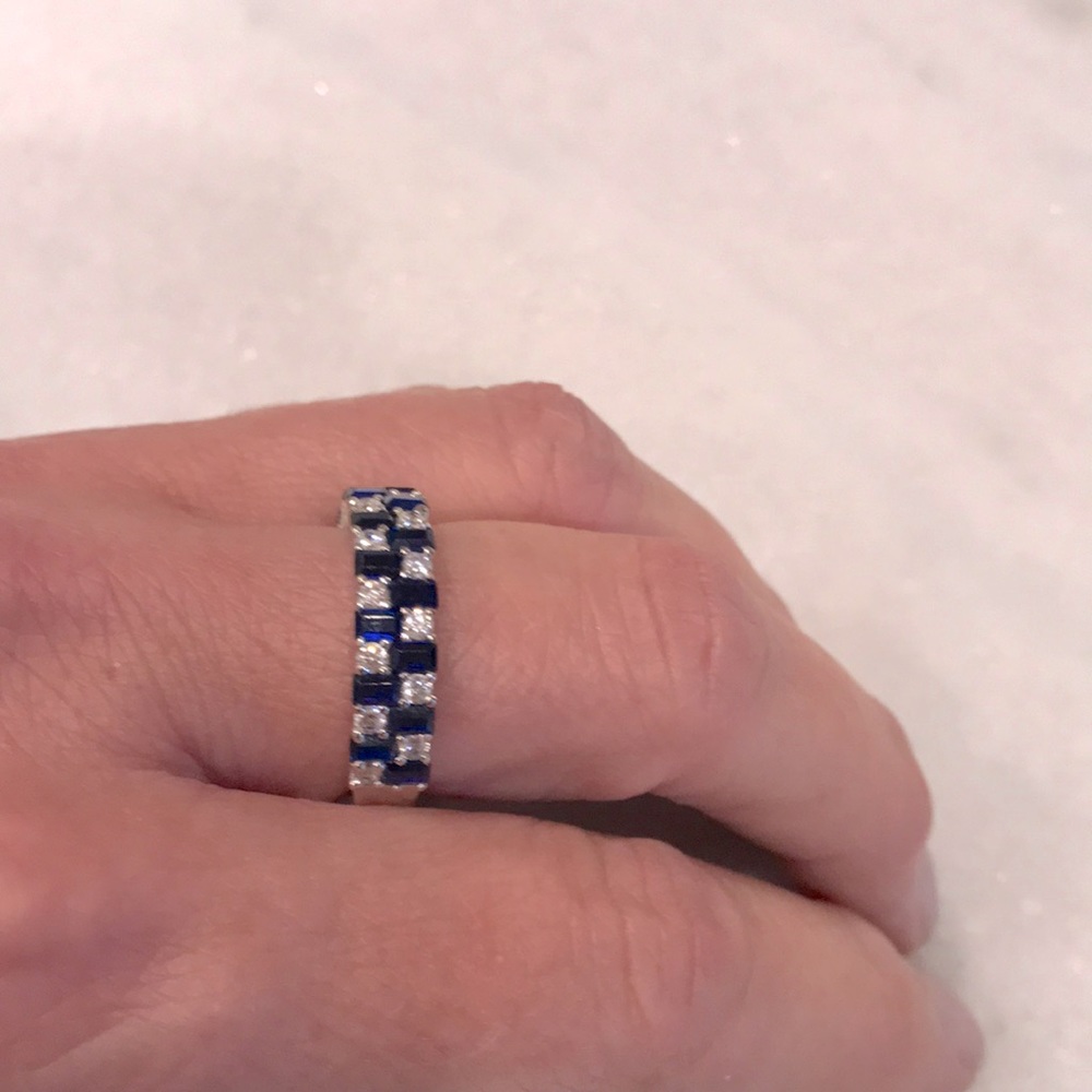 Crystal and blue checkered ring CZ size 8